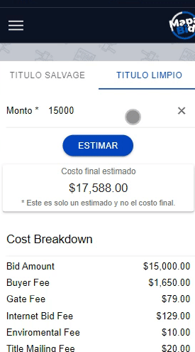 impuestos en copart calcula el costo total